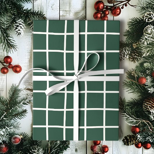 Hand Drawn Forest Green and White Grid Holiday Geschenkpapier