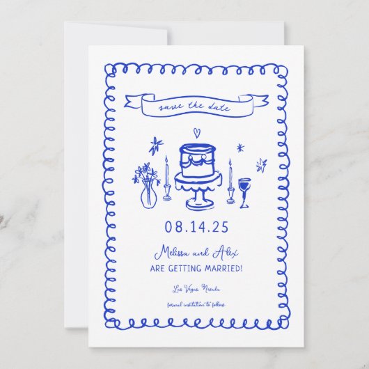 Hand Drawn French Blue Fun Wedding Save The Date (Vorderseite)