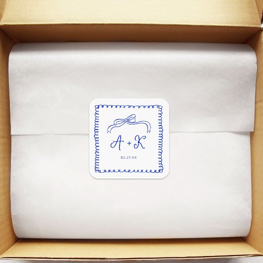 Hand Drawn French Blue Wedding Monogram Quadratischer Aufkleber