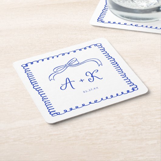 Hand Drawn French Blue Wedding Monogram Rechteckiger Pappuntersetzer (angewinkelt)