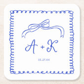 Hand Drawn French Blue Wedding Monogram Rechteckiger Pappuntersetzer (Vorderseite)