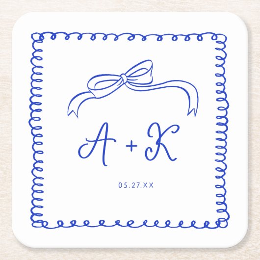 Hand Drawn French Blue Wedding Monogram Rechteckiger Pappuntersetzer (Vorderseite)