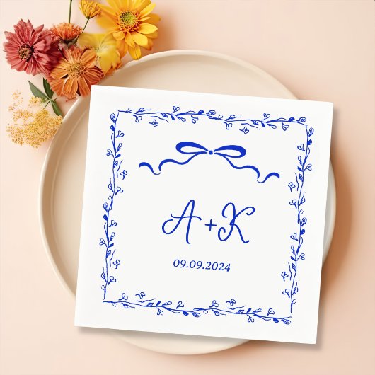 Hand Drawn French Blue Wedding Monogram Serviette