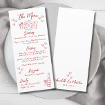 Hand Drawn French Red Whimsical Wedding Menükarte<br><div class="desc">Hand gezeichnetes französisches Whimsical Wedding Dinner Menü. Diese charmante Hochzeitsmenükarte zeichnet sich durch ein spielerisches und dennoch elegantes Design aus, mit einer handgezeichneten Darstellung oben und einer Champagnerflasche mit einem Glas unten, die durch verstreute Herzen für eine romantische Touch betont wird. Die Vorderseite der Karte zeigt Ihr Menü in einer...</div>