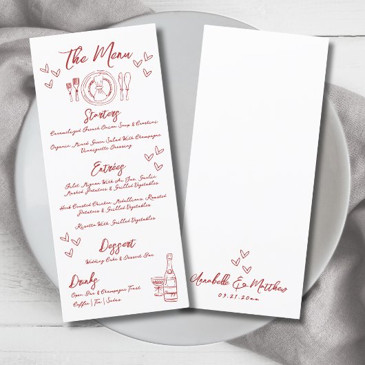 Hand Drawn French Red Whimsical Wedding Menükarte