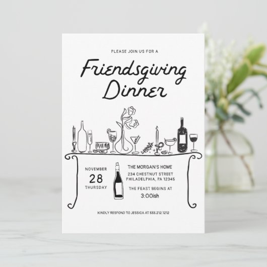 Hand Drawn Friendsgiving Dinner Einladung (Stehend Vorderseite)