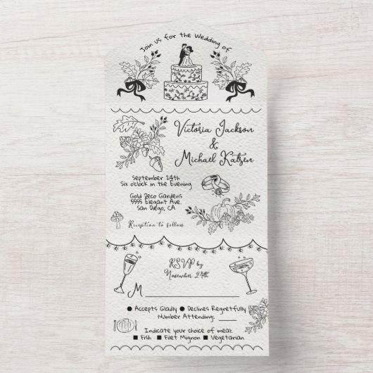 Hand Drawn funky Fall Doodle Hochzeit All In One Einladung (Innen Boden)