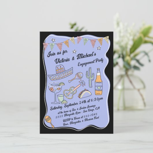 Hand Drawn Funky Mexican Fiesta Party Einladung (Stehend Vorderseite)