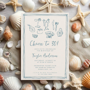 Hand Drawn Funky Nautical Beach 30. Geburtstag Einladung