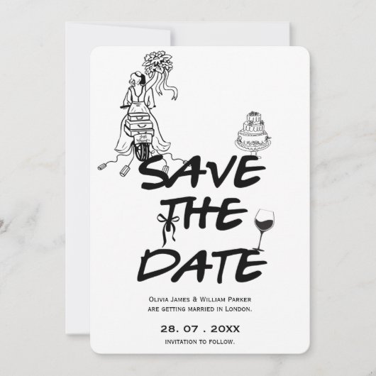 Hand Drawn Funky Whimsical Minimalistisch Wedding Save The Date (Vorderseite)