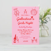 Hand Drawn Galentine's Girls Night Party Einladung (Stehend Vorderseite)