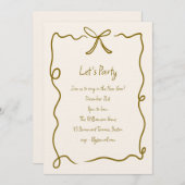 Hand Drawn Gold Bow Ribbon Border New Years Party Einladung (Vorne/Hinten)