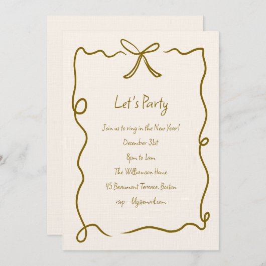 Hand Drawn Gold Bow Ribbon Border New Years Party Einladung (Vorne/Hinten)