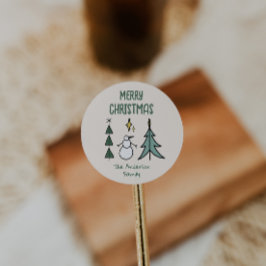 Hand Drawn Green Abstract Christmas Tree Snowman Runder Aufkleber