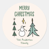 Hand Drawn Green Abstract Christmas Tree Snowman Runder Aufkleber (Vorderseite)