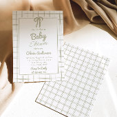 Hand Drawn Green Bow Gingham Neutral Baby Shower Einladung