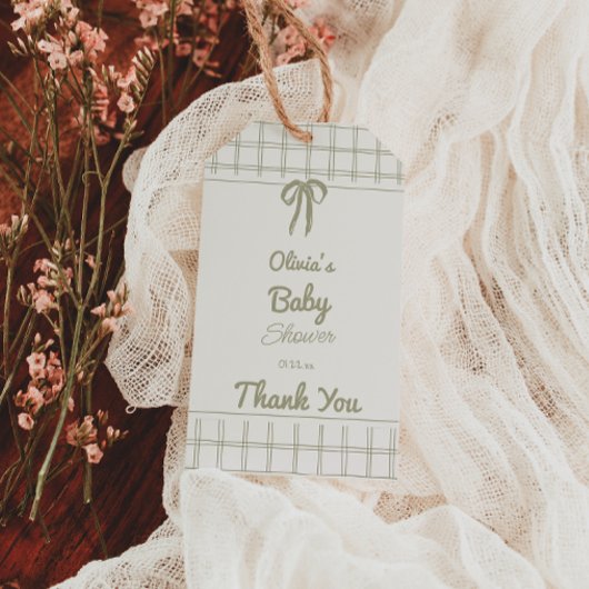 Hand Drawn Green Bow Gingham Neutral Baby Shower Geschenkanhänger