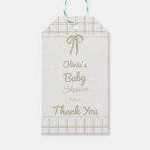 Hand Drawn Green Bow Gingham Neutral Baby Shower Geschenkanhänger (Vorderseite)