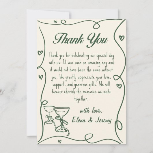 Hand Drawn Green Champagne Hochzeit Danke Karte (Vorderseite)