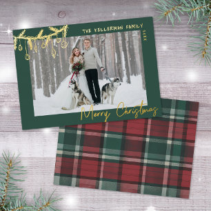 Hand Drawn Green Gold Tartan Frohe Weihnachten Folien Feiertagskarte