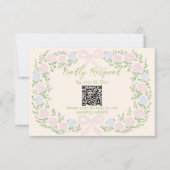 Hand Drawn Green Pink Bow Floral Wedding QR Code RSVP Karte (Vorderseite)