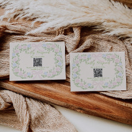 Hand Drawn Green Pink Bow Floral Wedding QR Code RSVP Karte