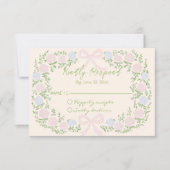 Hand Drawn Green Pink Bow Floral Wreath Wedding RSVP Karte (Vorderseite)