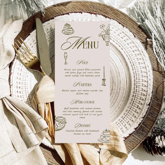 Hand Drawn Green Retro Illustrated Dinner Wedding Menükarte