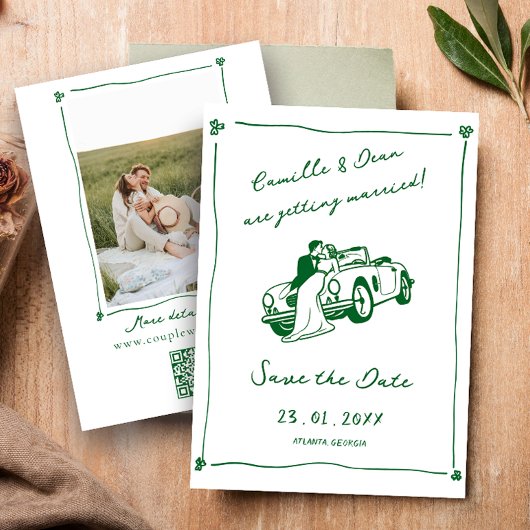 Hand Drawn Green Save the Date photo QR Code Einladung