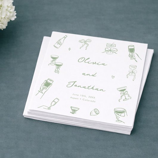 Hand Drawn Green Wedding Serviette