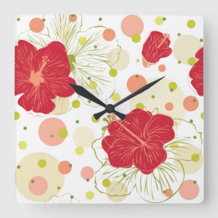 Hand Drawn Hibiscus Pattern Quadratische Wanduhr