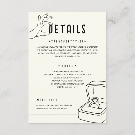 Hand Drawn Illustration Minimalist Wedding Details Begleitkarte (Vorderseite)