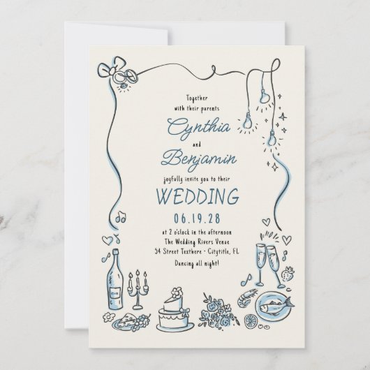 Hand Drawn Illustrations Doodles Whimsical Wedding Einladung (Vorderseite)