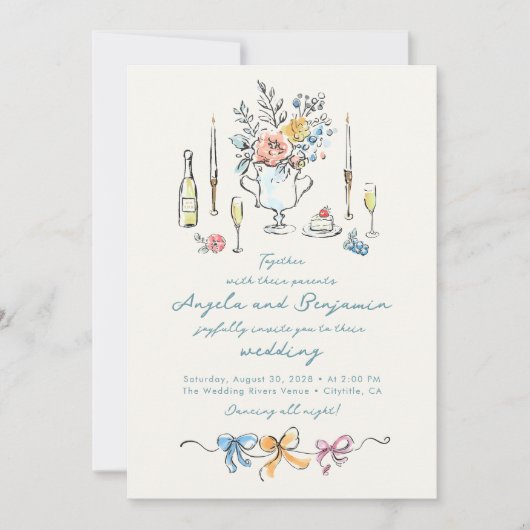 Hand Drawn Illustrations Whimsical French Wedding Einladung (Vorderseite)