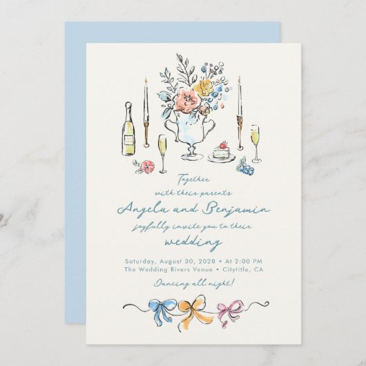 Hand Drawn Illustrations Whimsical French Wedding Einladung (Vorne/Hinten)