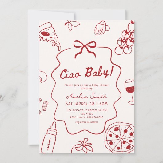 Hand Drawn Italian Ciao Baby Shower Einladung (Vorderseite)
