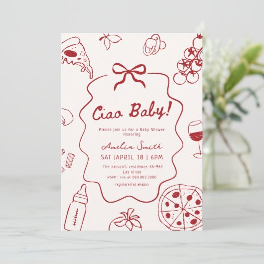 Hand Drawn Italian Ciao Baby Shower Einladung (Stehend Vorderseite)