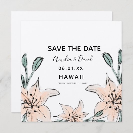 Hand Drawn Lilies Greenery Save the Date (Vorne/Hinten)