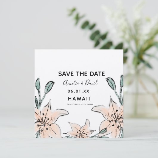 Hand Drawn Lilies Greenery Save the Date (Stehend Vorderseite)
