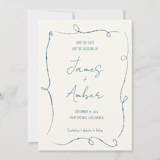 Hand Drawn Lines Aquamarin Blue Wedding Foto Save The Date (Vorderseite)