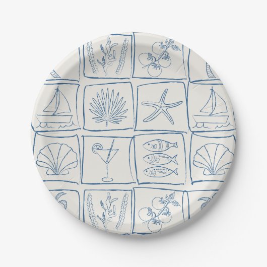 Hand-Drawn Mediterranean Coastal Tile Linen Cobalt Pappteller (Vorderseite)