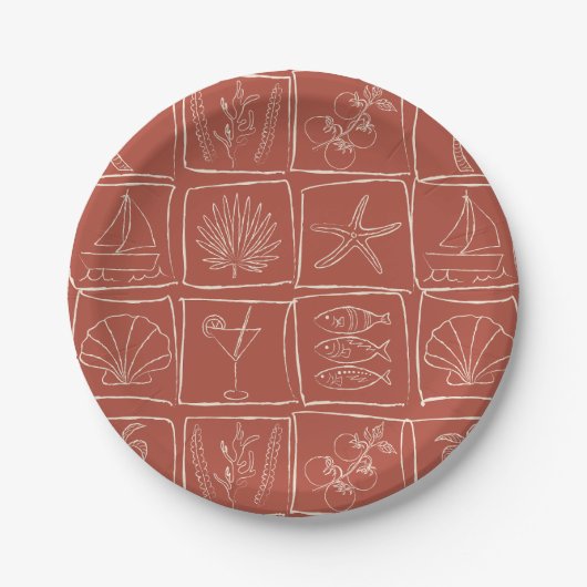 Hand-Drawn Mediterranean Coastal Tile Terracotta Pappteller (Vorderseite)