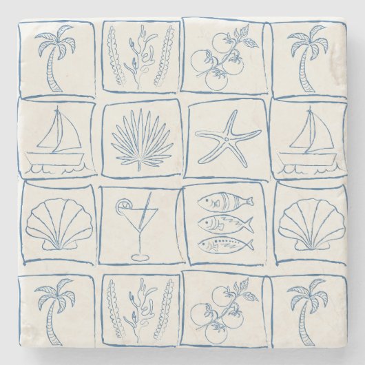 Hand-Drawn Mediterranean Faux Tile Linen Cobalt Steinuntersetzer (Vorderseite)