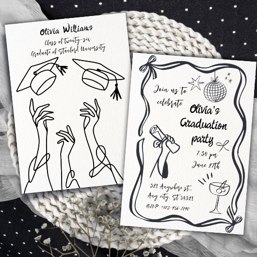 Hand Drawn Minimalist Black White Graduation Party Einladung
