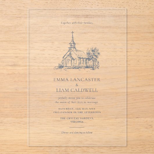 Hand Drawn Minimalist Church Venue, Wedding Acryleinladungen (Vorderseite)