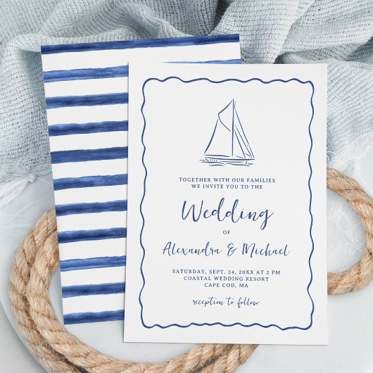 Hand Drawn Nautical Sailboat Navy Blue Wedding Einladung