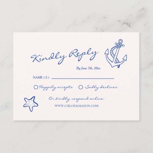 Hand Drawn Nautical Wedding RSVP Begleitkarte (Vorderseite)