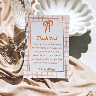 Hand Drawn Orange Gingham Bow Neutral Baby Shower  Dankeskarte