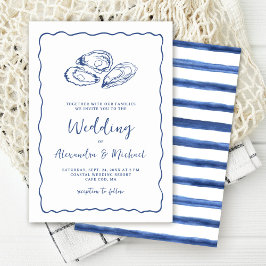 Hand Drawn Oysters Coastal Navy Blue Wedding Einladung