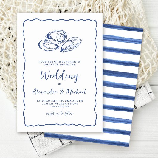 Hand Drawn Oysters Coastal Navy Blue Wedding Einladung